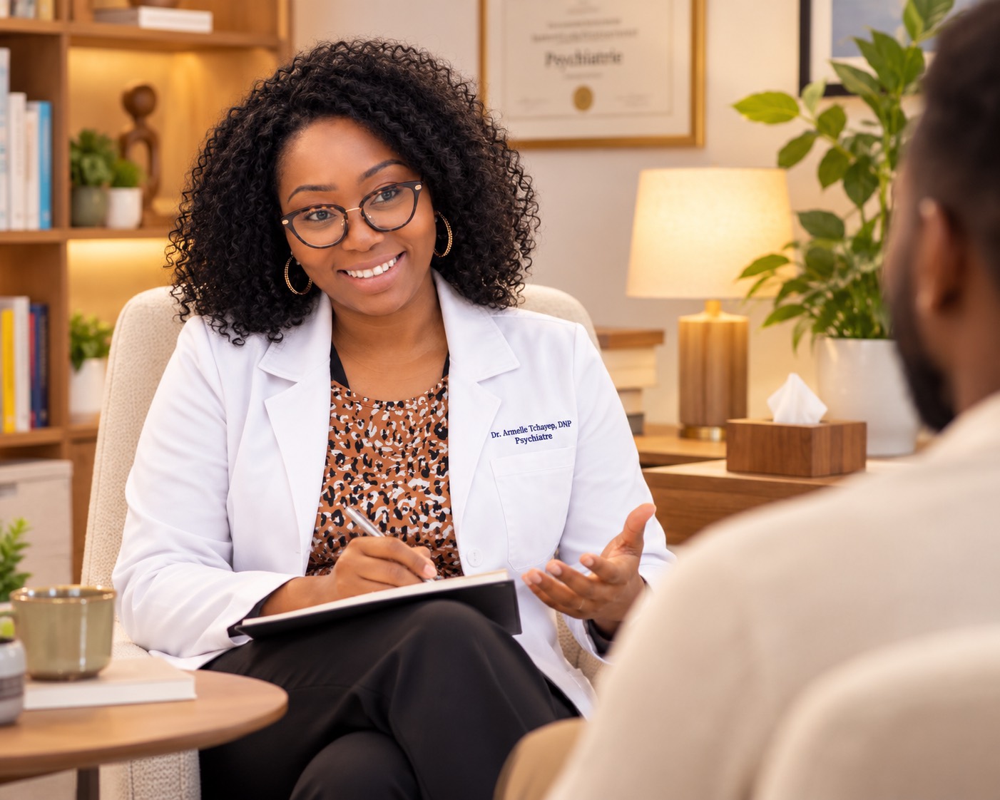 Armelle Tchayep listening to a patient during a consultation in her office