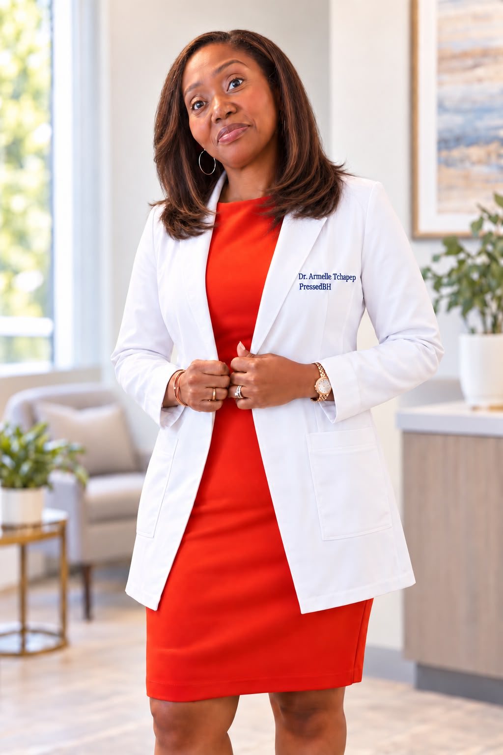 Dr. Armelle Tchayep, DNP, PMHNP-BC, in her white coat at the Pressed Behavioral Health office