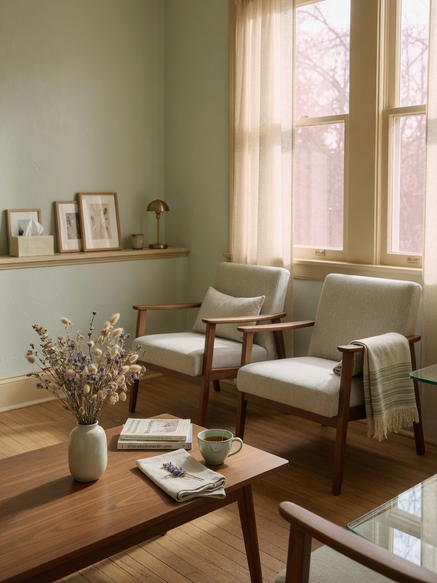 Calm therapy office with soft armchairs and natural light
